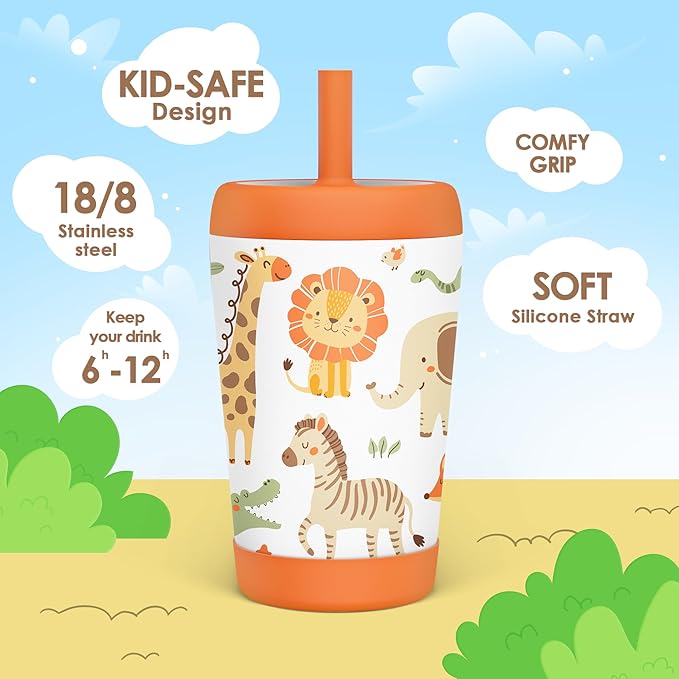Kid Insulated Stainless Steel Tumbler with Silicone Straw, 12oz Sippy Cup for Kids (Jungle Animals)