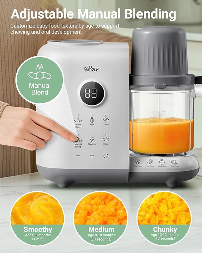 Bear Baby Food Maker with Two Layer Steam Baskets, Multifunction Baby Food Processor Steamer Puree Blender, Baby Food Mill with Bottle Warming Sterili-zing Auto Cleaning Function, BPA-Free, White