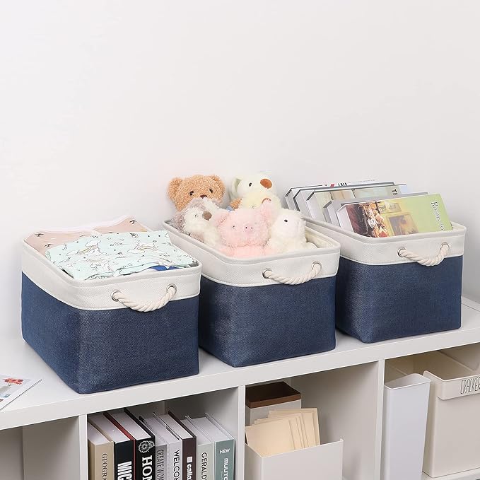 Bidtakay Storage Baskets Collapsible [3-Pack] Decorative Storage Bins with Cotton Rope Handles 15 X 11 X 9.5 Inch Organizing Baskets for Shelves Clothes Closet Navy Blue Baskets for Gifts Empty