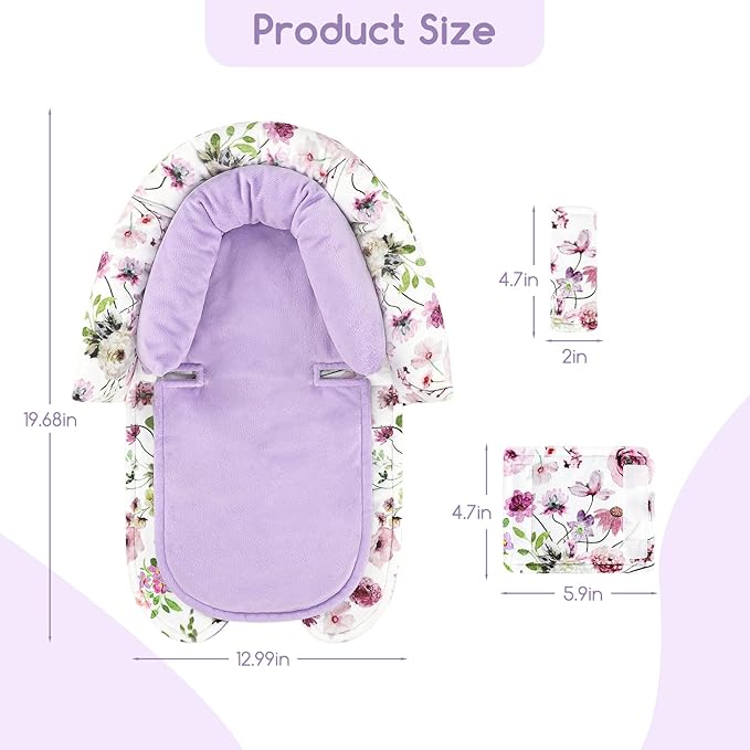 GFU Baby Car Seat Head Support for Newborn, 2 in 1 Infant Car Seat Head Body Support with Strap Pads, Soft Stroller Cushion Pillow Insert for Girls and Boys, Fits for Stroller, Swing, Purple Floral