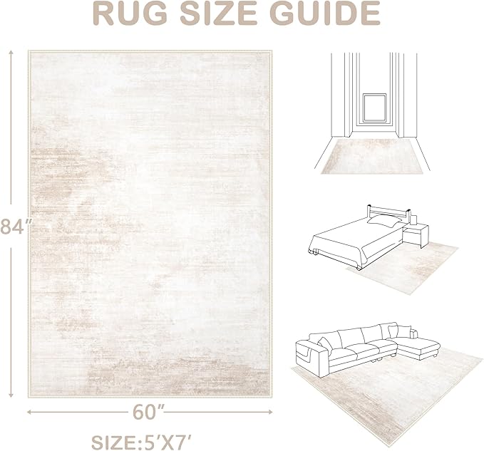 Area Rugs 5x7 Living Room: Washable Rug Modern Abstract Large Rug Soft Non Slip Neutral Rug Stain Resistant Indoor Carpet for Bedroom Kitchen Dining Room Table Nursery Home Office Rugs(Beige,5'x7')