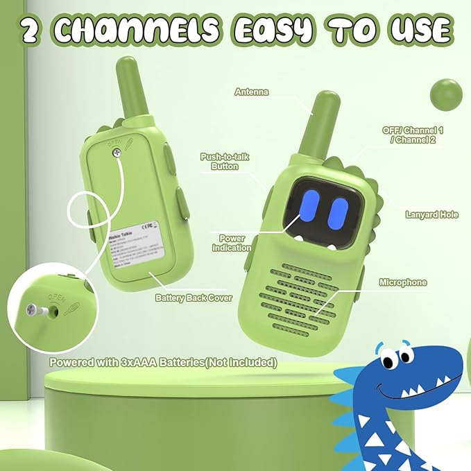 Green Walkie Talkies for Kids with Dinosaurs Silicone Sleeve, Toys for 3-6 Year Old Boys Girls, Kids Walkie Talkies Decent Range 2 Channels 2 Way RadioToy Gifts for 5-8 Year Old Boys Girls