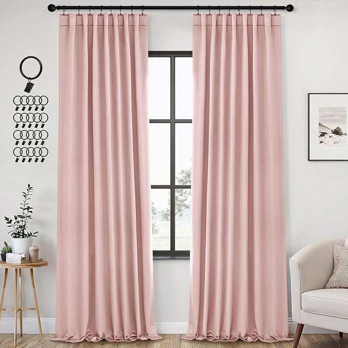 ANRODUO Light Pink Blackout Curtains for Girls Bedroom Living Room, Back Tab Rod Pocket Pinch Pleated Thermal Insulated Room Darkening Curtains 120 Inches Long 2 Panels, 52 x 120 Inch