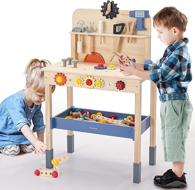 69‑Piece Wooden Kids Tool Bench – Montessori Toddler Workbench with Pretend Power Drill, Clock & Storage Shelf – STEM Construction Play Set for Boys & Girls Ages 3‑5