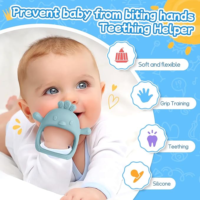 Baby Teething Toys(5 Pack) - Tinabless Infant Teething Keys&Silicone Teething Mitten for Babies Over 3 Months, BPA-Free, Natural Organic Freezer Safe for Infants and Toddlers(Blue)