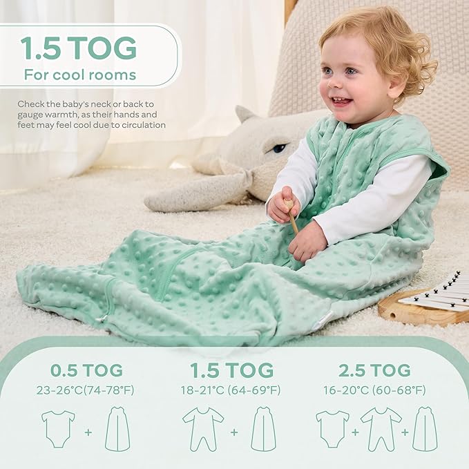 JELLYMONI Fleece Baby Sleep Sack 6-12 Months, 1.5 Tog Warm Winter Baby Wearable Blanket with Plush Dots and 2-Way Zipper, Cotton Toddler Sleep Sack