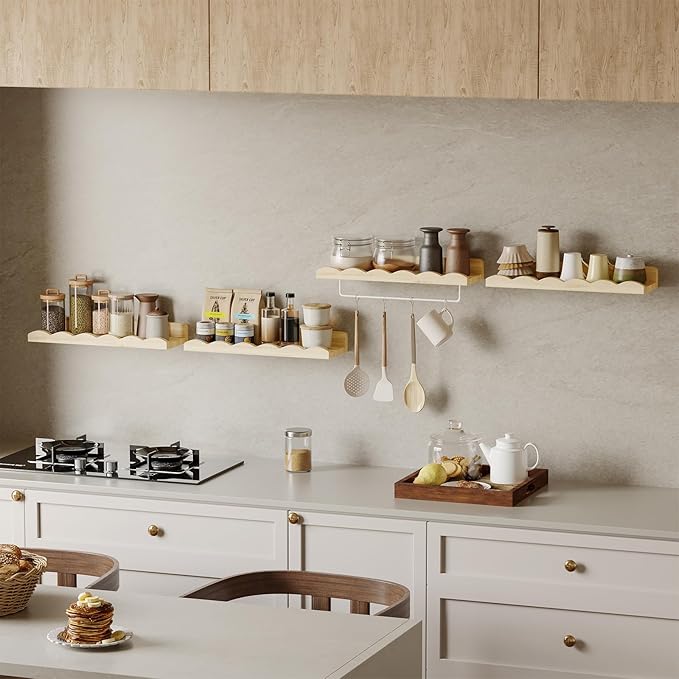 Fixwal Nursery Shelves, 16.5 Inch Floating Bookshelves for Wall Set of 4, Scalloped Wall Book Shelves with Towel Rack for Kids, Toddler Room, Baby Room, Nursery Decor and Storage(Natural Wood)