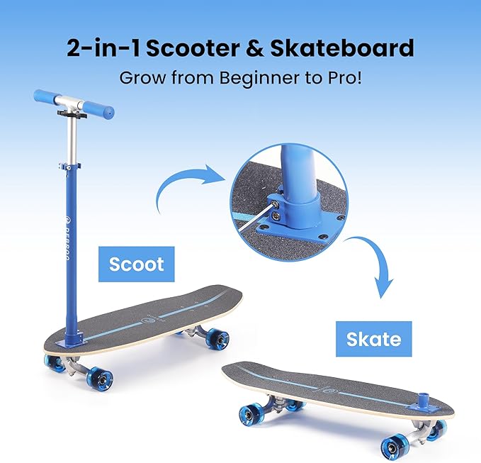 2-in-1 Kids Skateboard & Lean-to-Steer Scooter with Detachable Handlebar, LED Light-Up Wheels, Adjustable Height – Beginner Surf Skateboard for Ages 3+