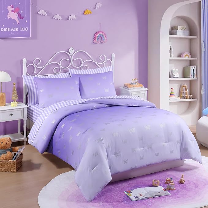 Full Size Comforter Sets with Sheets for Girls-7 Pieces Full Size Bedding Sets with Purple Comforter, Sheets, Pillowcases & Shams for Kids (Purple Butterfly, 76" X 86")
