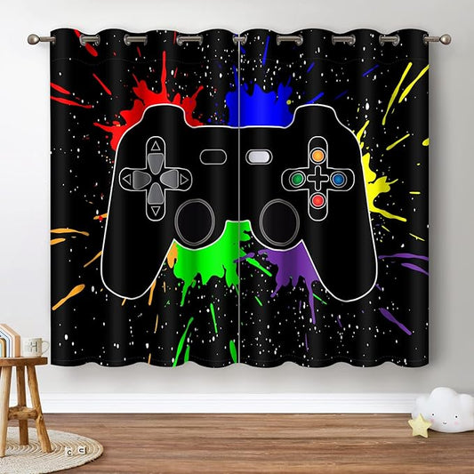 Jekeno Game Controller Blackout Curtains for Kids Boys Teens Bedroom Colorful Video Game Gamer Gaming Gamepad Decor for Home Living Room Grommet Window Drapes 2 Panel Set, 42"x54"
