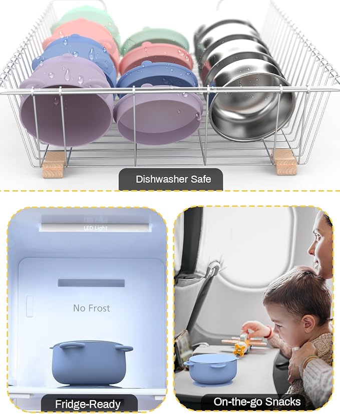 Baby Suction Bowls with Lids 4-Pack, 2-in-1 Stainless Steel 304 Toddler Bowl & Removable Silicone Suction Kids Bowl Plate Set Non Toxic Snack Dishes for Self-Feeding, Unicorn Magic Set