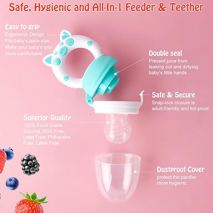 Baby Solids/Frozen Fruit Feeder Pacifier, Infant Teether Toy 4M+, BPA-Free Silicone Pouch & Nipple, Safely Introduce Solids, Teething Relief, 2-Pack (Piglet - Mint Green Pink, S/M/L)