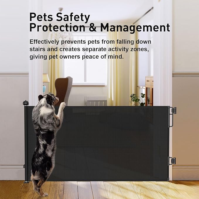 Cumbor 2-Pack Retractable Baby Gates for Stairs, 55" Wide Soft Mesh Pet Gate for Dogs with One Hand Opening, 34" Tall Toddler Gate with Top Lock for Bedroom, Doorways, Indoor/Outdoor, Black