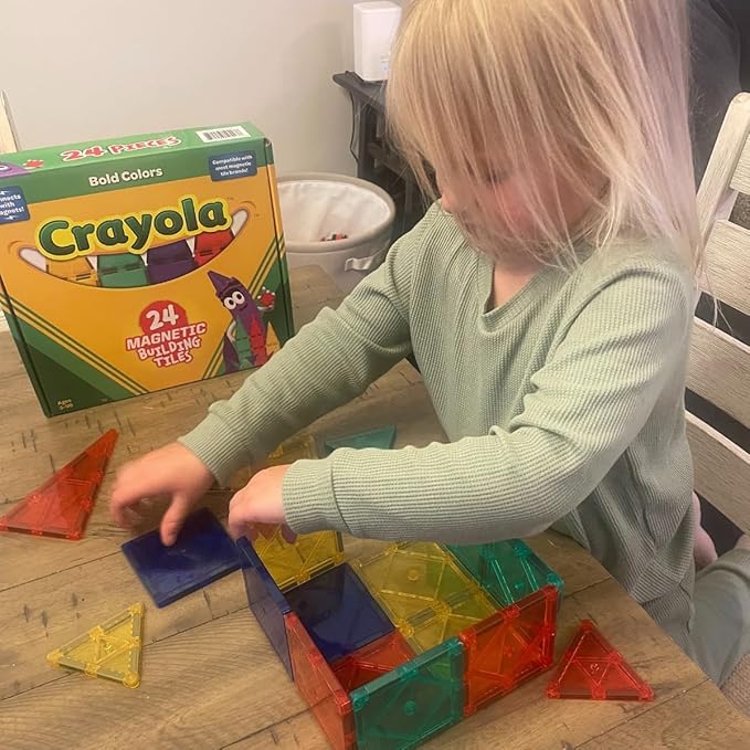 CreateOn Crayola Bold Magnetic Tiles, Building Set for Kids, Magnetic Tiles, Kids’ Building Toys, STEM and Montessori Toys for Boys and Girls Ages 3+, 24-Piece Set (Bold)
