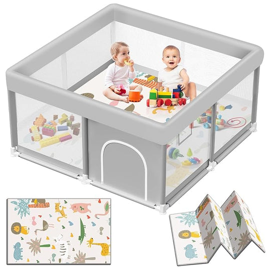 Baby Playpen with Mat, 50x50 inch Playpen for Babies and Toddlers with Mat, Baby Playard Safety Fence Active Center for Indoor