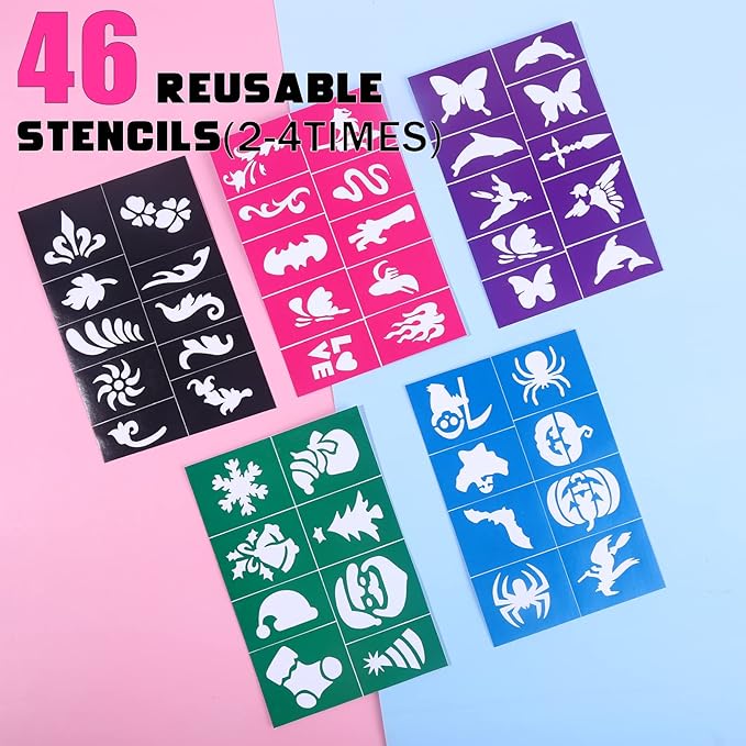 BOBISUKA Face Painting Kit for Kids - 16 Colors Water Based Body Face Paint Includes Brushes,Sponges,Glitters,Gem Sheet,Instructions,Stencils for Halloween Party Costume SFX Makeup