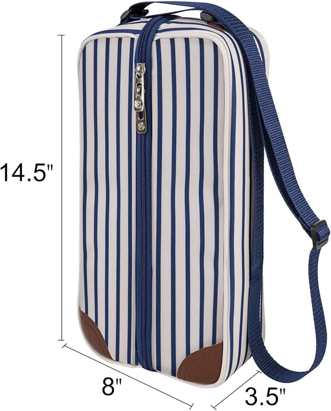 ALLCAMP Wine Tote Bag with Cooler Compartment，Picnic Set Carrying Two Sets of Tableware（Blue Stripe）