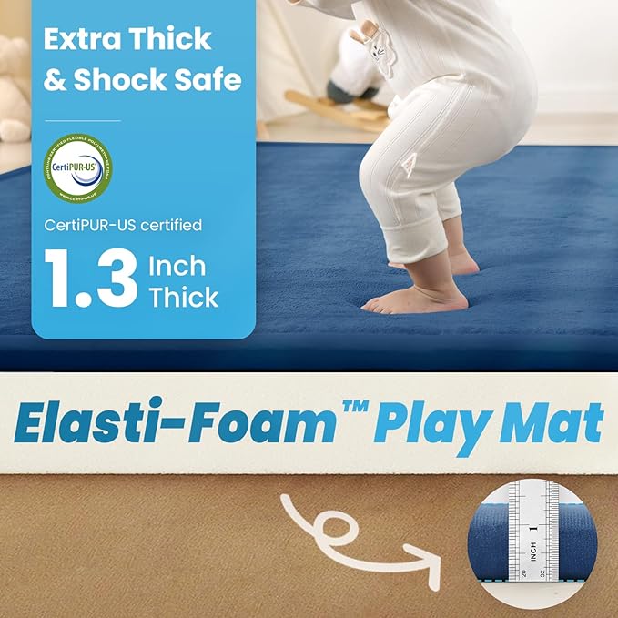 1.3" Thick Baby Play Mat for Floor Playpen, 71x79 Large Foam Tummy Time Mat, Padded Support Soft Plush Nursery Rug for Infant Kids Toddler Crawling Kick Activity (Royal Blue)