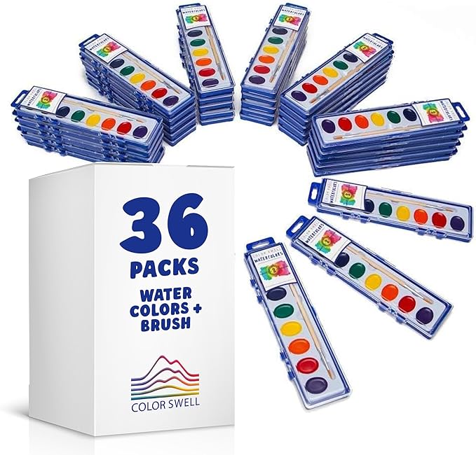 Color Swell Bulk Watercolors Paint Pack with Wood Brushes - 36 Sets with 8 Washable Colors Each - Perfect for Kids, Classrooms, Parties, Students, Donations, Party Favors, All Ages