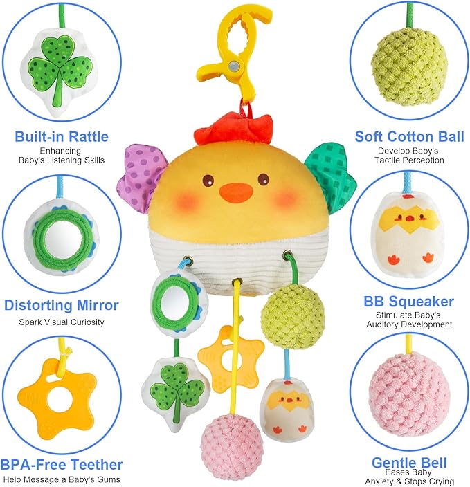 Car Seat Toy for Babies 0-6 Months, Stroller Toy with a Convenient clip, Carseat Toys Hanging Baby Accessories,Built-In Bell, Rattle,Squeaky,Mirror for infant,Babies Gift 0-3-6-12 months Boy Girl