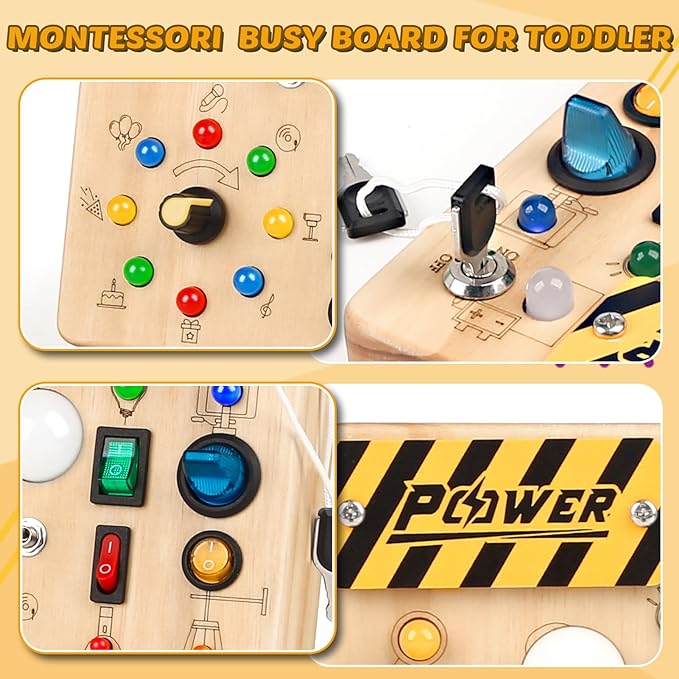 Joyreal Montessori Toddler Busy Board, 19 Led Wooden Sensory Board Educational Toy, Montessori Toys for 1-6 Year Old, Travel Toys Gifts for Toddlers Boys and Girls