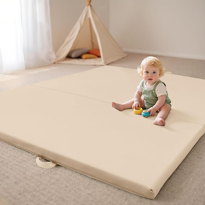 Bella’s Friends Foldable Baby Play Mat for Floor, 50"x50" Vegan Leather Playpen Mat, 1.2" Extra Thick Foam, Non-Toxic, Wipe-Clean, Travel-Ready, Non-Slip Crawling Mat for Kids Toddlers&Infants, Beige
