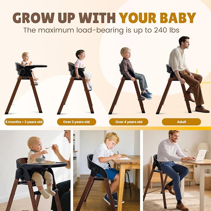 Adjustable High Chair with Removable Tray, Easy to Clean, Portable. 6 Months up to 240 Lb (Black Brown)