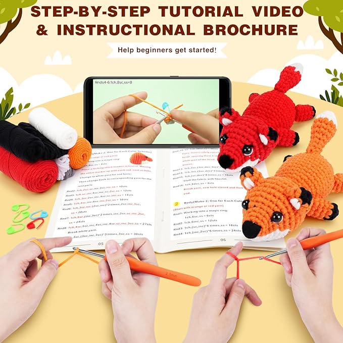 Crochet Kit for Beginners - 2 PCS Fox Crochet Kits with Step-by-Step Video Tutorials, Beginner Crochet Kit for Adults, Crochet Animal Kit for Kids, Crochet Fox Set (Orange & Red)