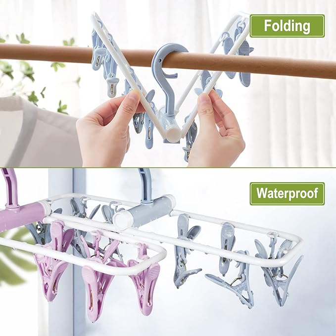 Clothes Drying Hanger with 12 Clips, 2 Pack Folding Portable Hanging Drying Rack,Drip Foldable Hanging Rack, 360° Rotatable Hook for Drying Towels Bras Baby Clothes Gloves Plastic(Blue&Purple)