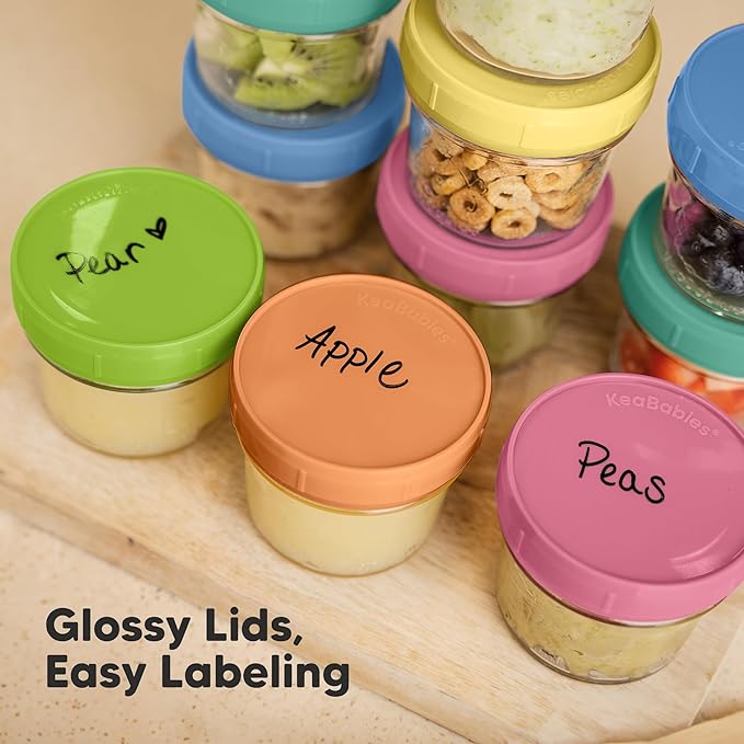 KeaBabies 12pk 4oz Glass Baby Food Containers with Lids - Leak-Proof, Microwavable Small Glass Jars, Baby Purees & Toddler Snack Storage Containers, BPA-Free, Dishwasher & Freezer Safe (Kea)