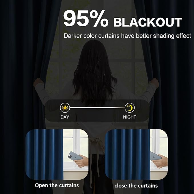 KEQIAOSUOCAI Navy Blue Blackout Curtains 94 Inch Long 2 Panels Set, Room Darkening Blackout RV Curtain for Playroom Bedroom Soft Microfiber Silk Viral Window Drapes with Hooks, Dark Indigo 40x94