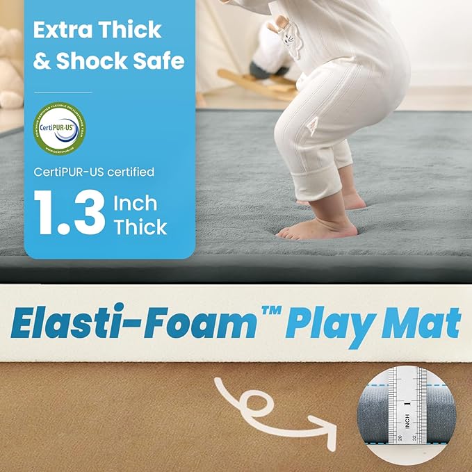 1.3" Thick Baby Play Mat for Floor, 79x118 Large Foam Tummy Time Mat, Padded Support Soft Plush Nursery Rug for Infant Kids Toddler Crawling Kick Activity (Light Grey)