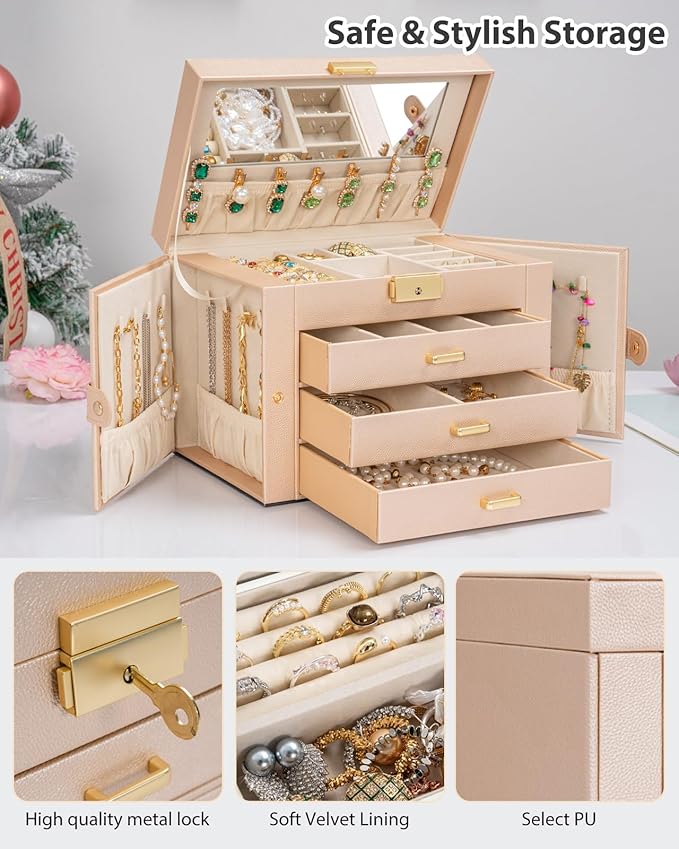 AKOZLIN Large 4-Tier Jewelry Box Leather Jewelry Storage Organizer with 3 Drawers Lockable for Women Girls Ring Necklace Earring Bracelet Watches Holder with Mirror Champagne