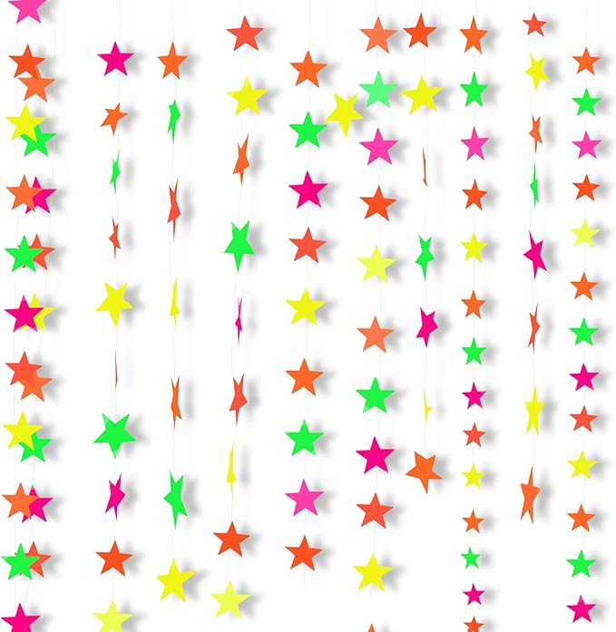 108ft Neon Glow Party Star Paper Garland UV Glow in The Dark Party Supplies Garlands Neon Paper Streamers for Blacklight Fluorescent Supplies for Birthday Wedding Decorations