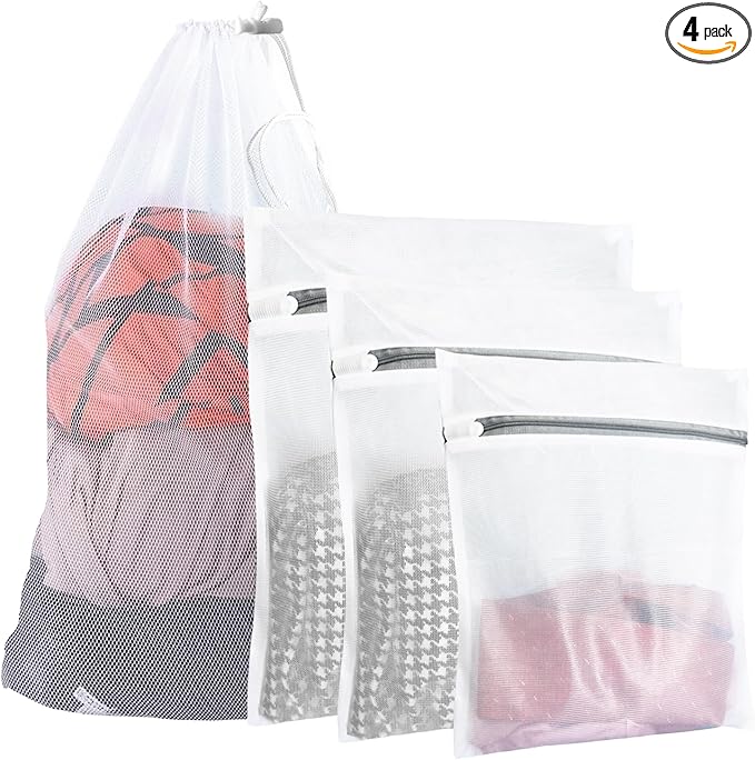 4Pcs Mesh Laundry Bags, Heavy Duty Laundry Bag, Durable Delicate Laundry Bag for College, Dorm, Travel, Family And Apartment Dwellers, (1small, 1medium, 1large, 1xx-Large) White