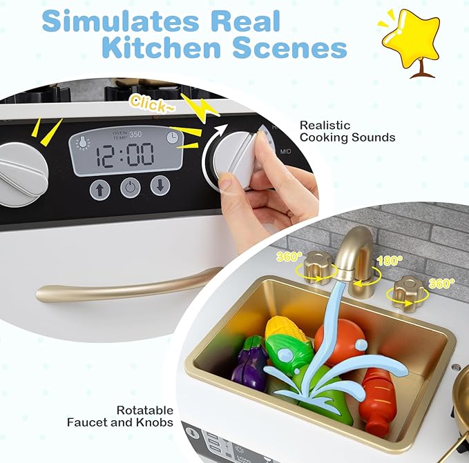 HONEY JOY Kids Kitchen Playset, Wooden Little Chef Pretend Toy Kitchen Set w/Chalkboard, Telephone, Utensils, Oven, Microwave, Sink, Storage, Play Kitchen for Toddlers Boys Girls, White Golden