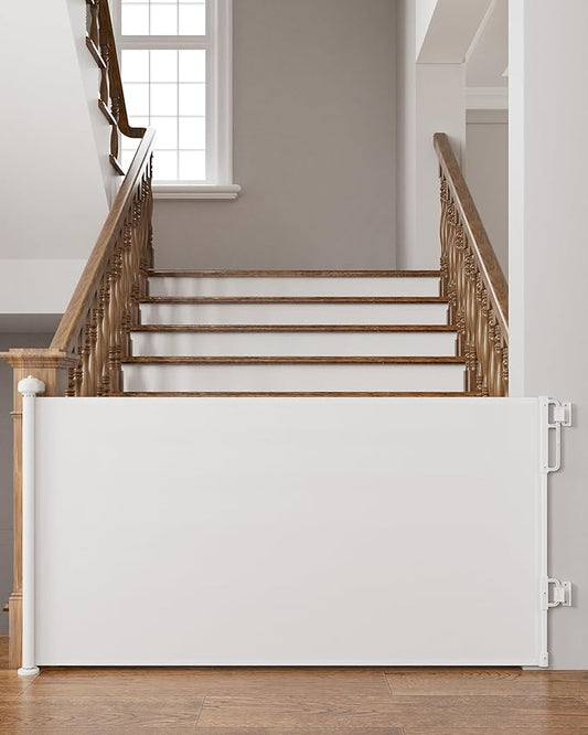 Cumbor 76" Wide Long Retractable Baby Gates for Stairs, Mesh Dog Gate for The House, 34" Tall Extra Wide Pet Gate for Dogs, Child Safety Gates for Doorways, Hallways, Cat Gate Indoor/Outdoor(White)