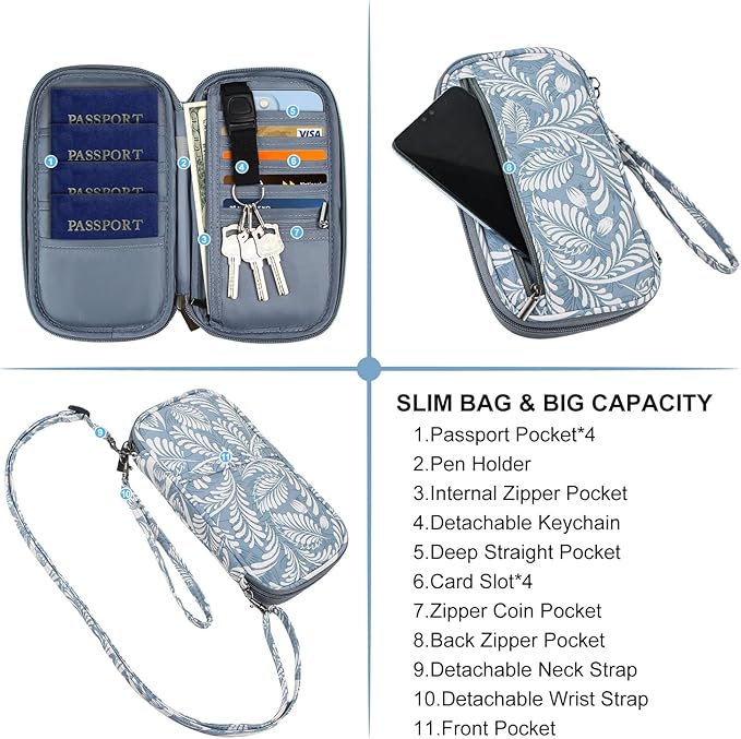 jiemei RFID Family Passport Wallet Holder Waterproof, Travel Document Organizer Credit Card Clutch Bag for Men Women (RFID Leaf)