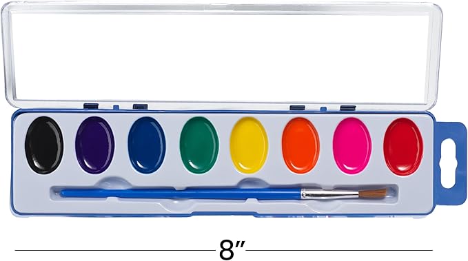 Bedwina Watercolor Paint Sets for Kids - Bulk Pack of 12, 8 Washable Water Color Paints in Palette Tray and Painting Brush for Coloring, Art, Classrooms and Paint Party Supplies