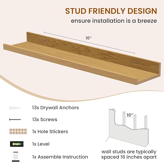 Axeman Picture Ledge Shelf, Floating Shelves for Wall Decor Storage Set of 6, 24 inch Floating Wall Mounted Shelves, Wall Shelves with Lip for Living Room, Bedroom, Nursery, Bathroom, Kitchen, Oak