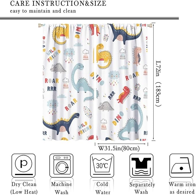 Cartoon Dinosaur Curtains for Kids Boys Girls Home Decor Colorful Cute Dino Animals Print Pattern Rod Pocket Blackout Window Drapes for Nursery Baby Bedroom Playroom W31.5xL72in 2 Panels
