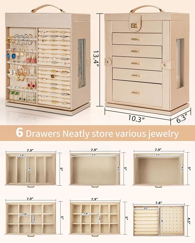AKOZLIN Jewelry Box 360° Rotating 6-Tier Functional Jewelry Storage Case Organizer for Women Girls Ring Necklace Earring Bracelet Holder with Mirror