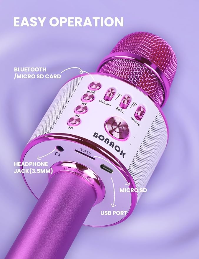 BONAOK Wireless Bluetooth Karaoke Microphone, Portable Toy Microphone for Singing, Gifts to Girls Boys Kids Adults All Age Q37（Bright Purple）