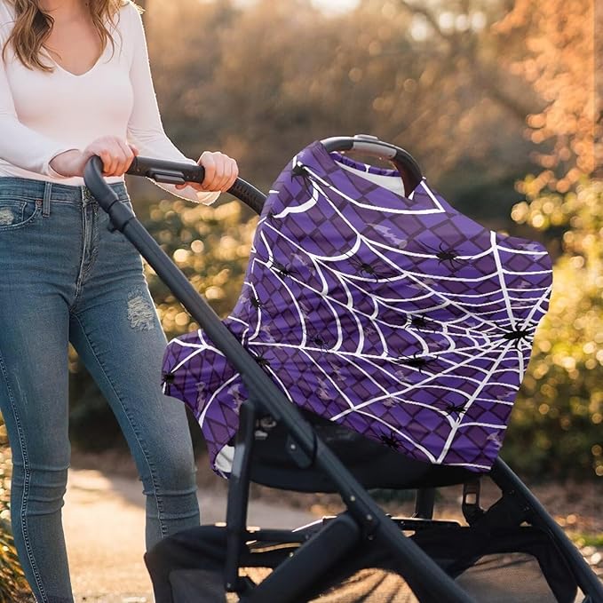 Binienty Halloween Spider Web and Bat Baby Car Seat Canopy Cover Halloween Decoration Nursing Cover for Breastfeeding Carseat Covers for Boy Girls