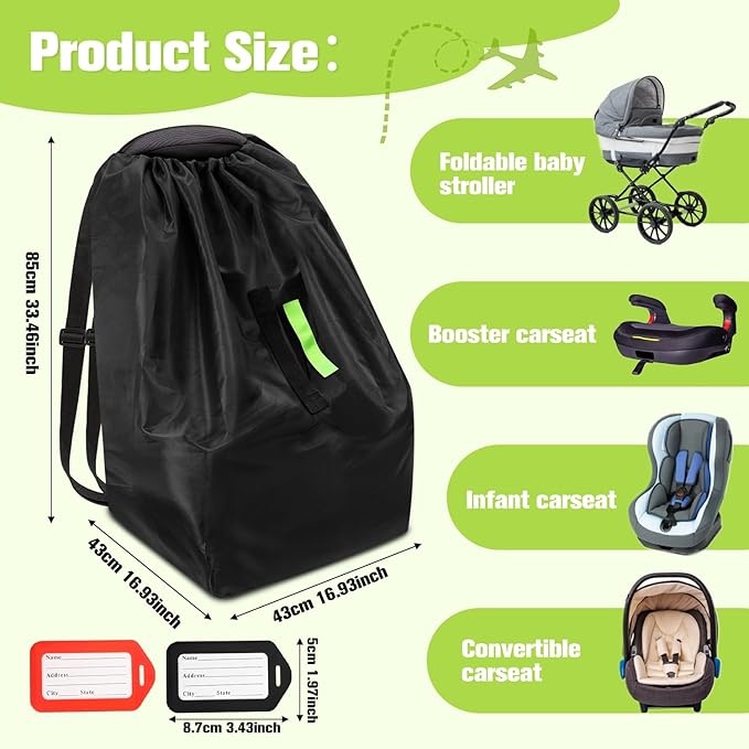 Car Seat Bags For Airplane Travel, Durable Carseat Cover For Air Travel Car Seat Travel Bag with Shoulder Straps and 2pcs Luggage Tags For Airplane