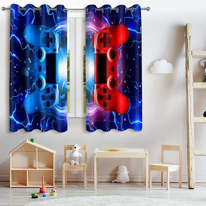Jekeno Gamer Game Controller Blackout Curtains - Colorful Gaming Gamepad Decor for Kids Boys Teens Teenager Bedroom Home Living Room Darkening Grommet Window Drapes 2 Panel Set, 52"x84"