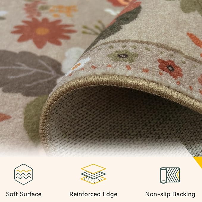 Floral 5x7 Area Rug Machine Washable Soft Print Boho Carpet Non Slip Doormat Low Pile Flower Area Rugs for Living Room Bedroom Nursery Kitchen Dining Room Indoor-Brown/Brick