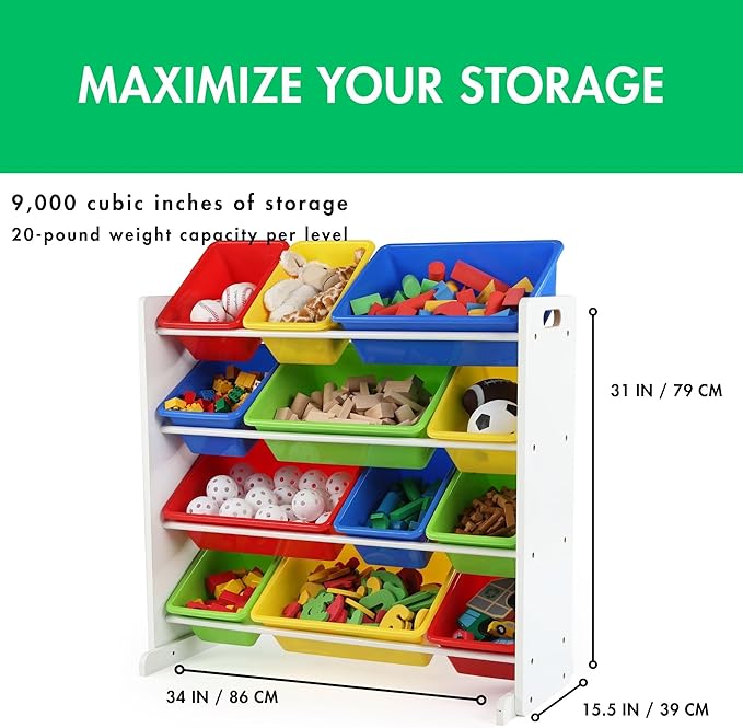 Humble Crew Kids Toy Storage Organizer with 12 Plastic Bins, White/Primary – Removable Bins for Playroom, Bedroom, Toddler Furniture for Boys and Girls Ages