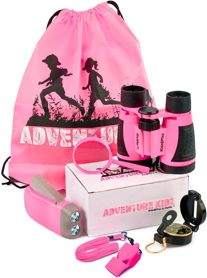 Adventure Kidz - Outdoor Exploration Kit, Children’s Toy Binoculars with Case, Flashlight, Compass, Fox Whistle, Magnifying Glass, Backpack. Great Gift Set for STEM, Pretend Play. Age 3+