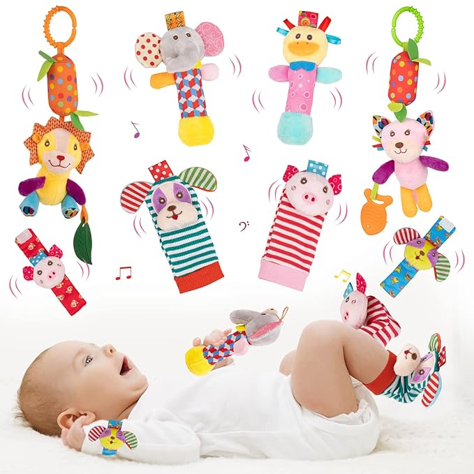 Baby Rattles Toys - Soft Hanging, Handheld & Foot Sock Rattles Set - Plush Stuffed Infant Toys for 0-3, 3-6, 6-12 Months - Newborn Gift